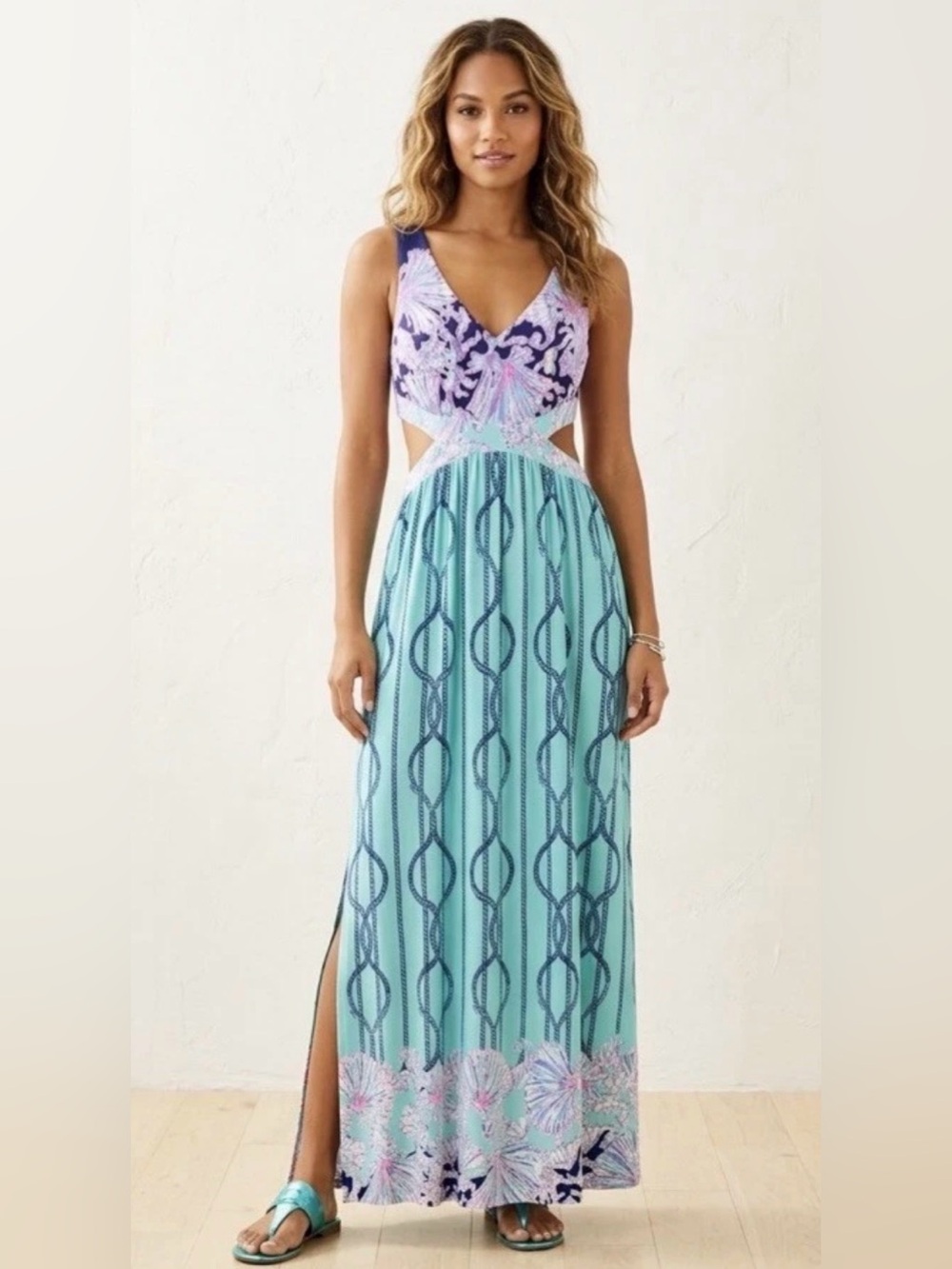 Lilly Pulitzer Marcia Maxi Dress Aqua A Frayed Knot Print Cut Out Waist  Sz 6